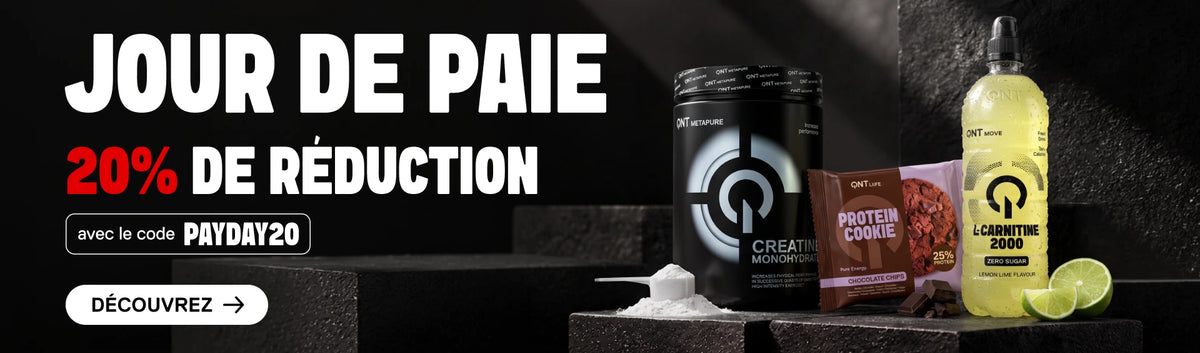 Bannière QNT « Jour de paie » avec 20 % de réduction sur la nutrition sportive