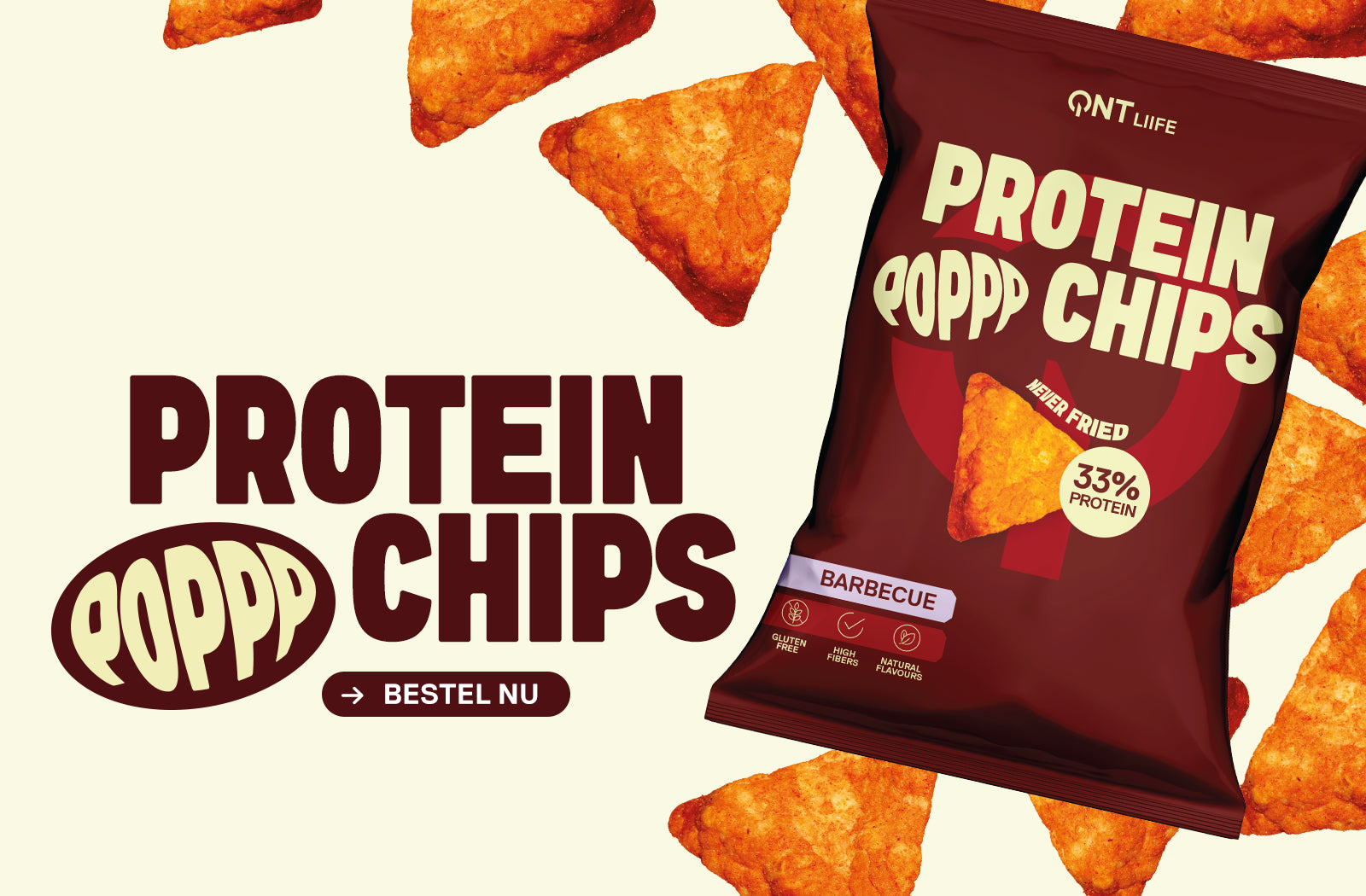 QNT Protein Chips met barbecuesmaak, eiwitrijke snack met 33% proteïne, niet gefrituurd en glutenvrij.