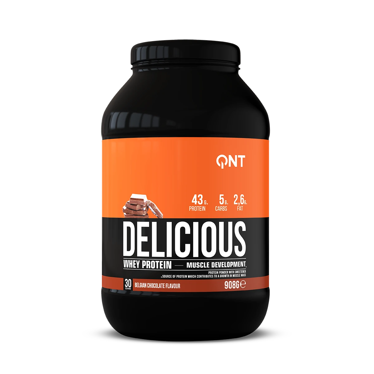Delicious Whey Protéine QNT Chocolat belge 908 g, protéine whey en poudre pour shakes