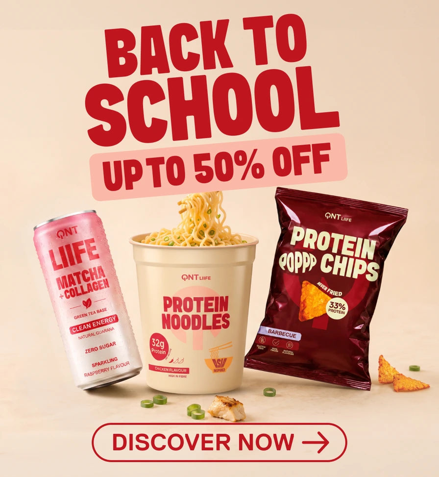 QNT Life Back to School promotion featuring Matcha + Collagen drink, Protein Noodles and Protein Popp Chips, with discounts up to 50%.