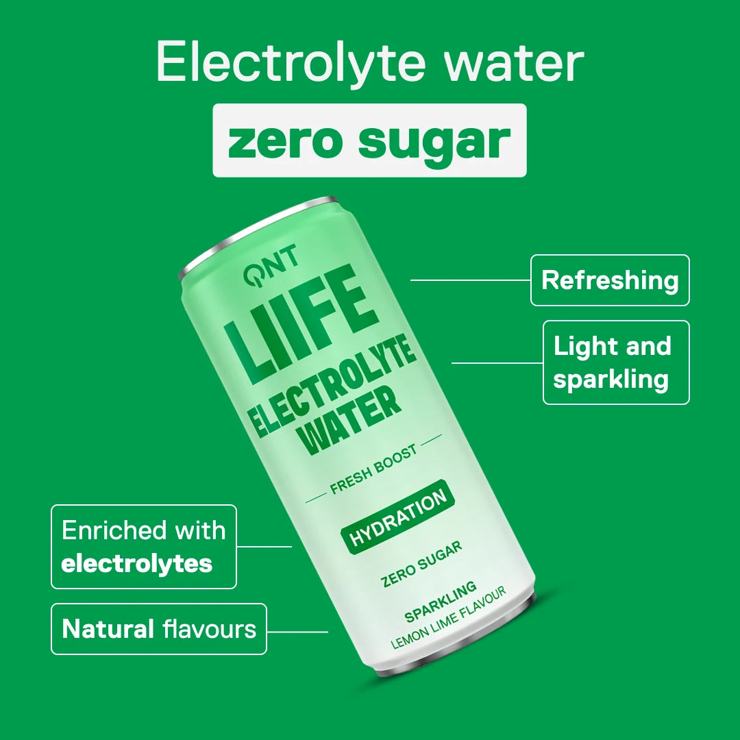 QNT LIIFE Electrolyte Water Lemon & Lime flavour - sparkling water with electrolytes, zero sugar, natural flavours, 330 ml can