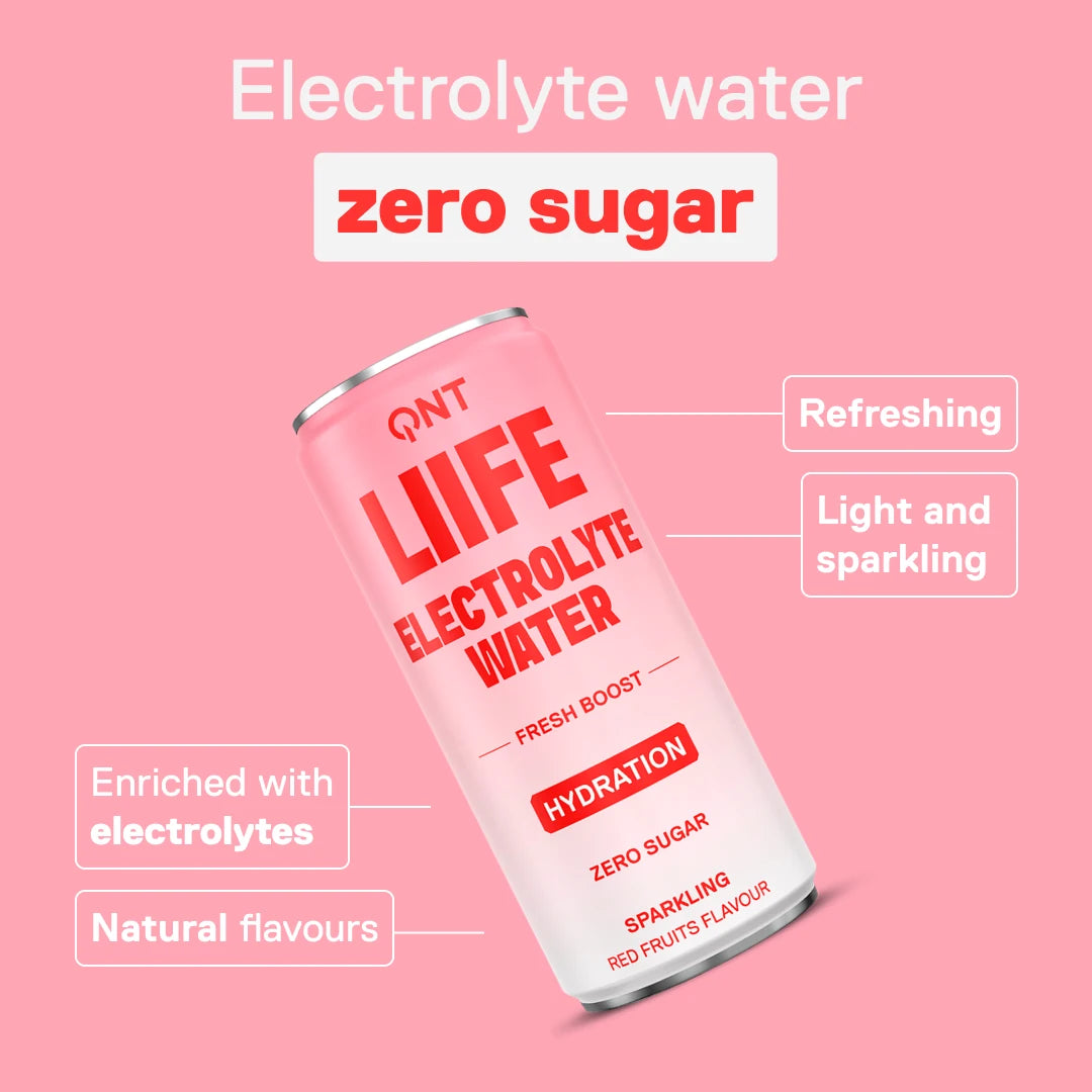 QNT LIIFE Electrolyte Water Red Fruits flavour - sparkling water with electrolytes, zero sugar, natural flavours, 330 ml can
