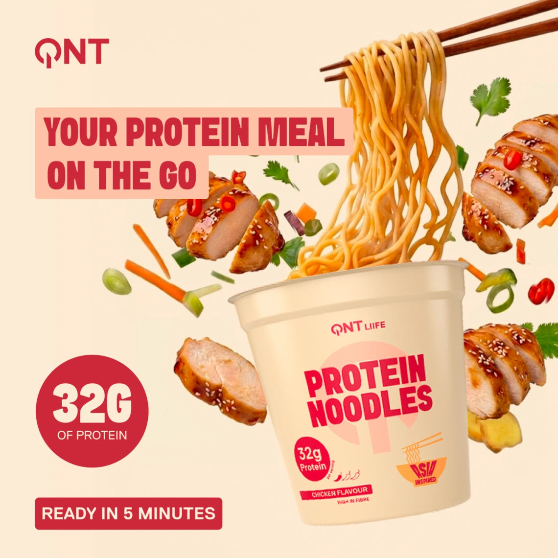 QNT LIIFE Protein Noodles Chicken flavor - 32g protein per pot, Asian-inspired protein-rich meal ready in 5 minutes