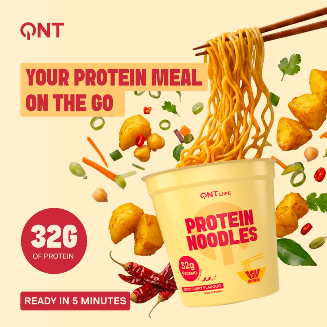 QNT LIIFE Protein Noodles Spicy Curry flavor - 32g protein per pot, Asian-inspired protein meal with spices, ready in 5 minutes