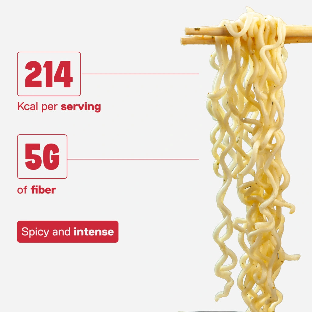 Protein noodles QNT LIIFE Spicy Kimchi flavor on chopsticks - Korean fermented notes, spicy and flavorful