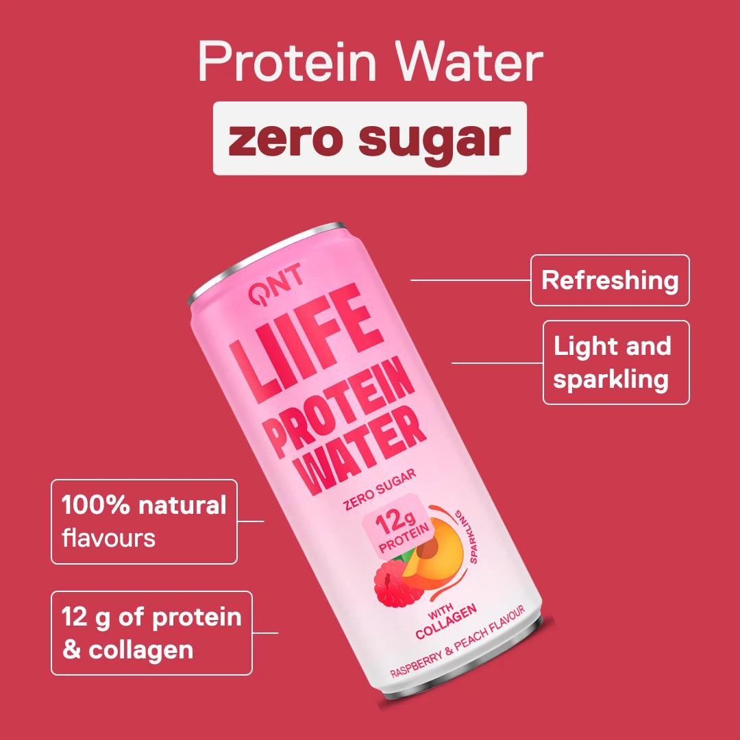 Sparkling sugar-free protein water QNT LIIFE Protein Water Raspberry & Peach, 12 g protein and collagen per 330 ml can