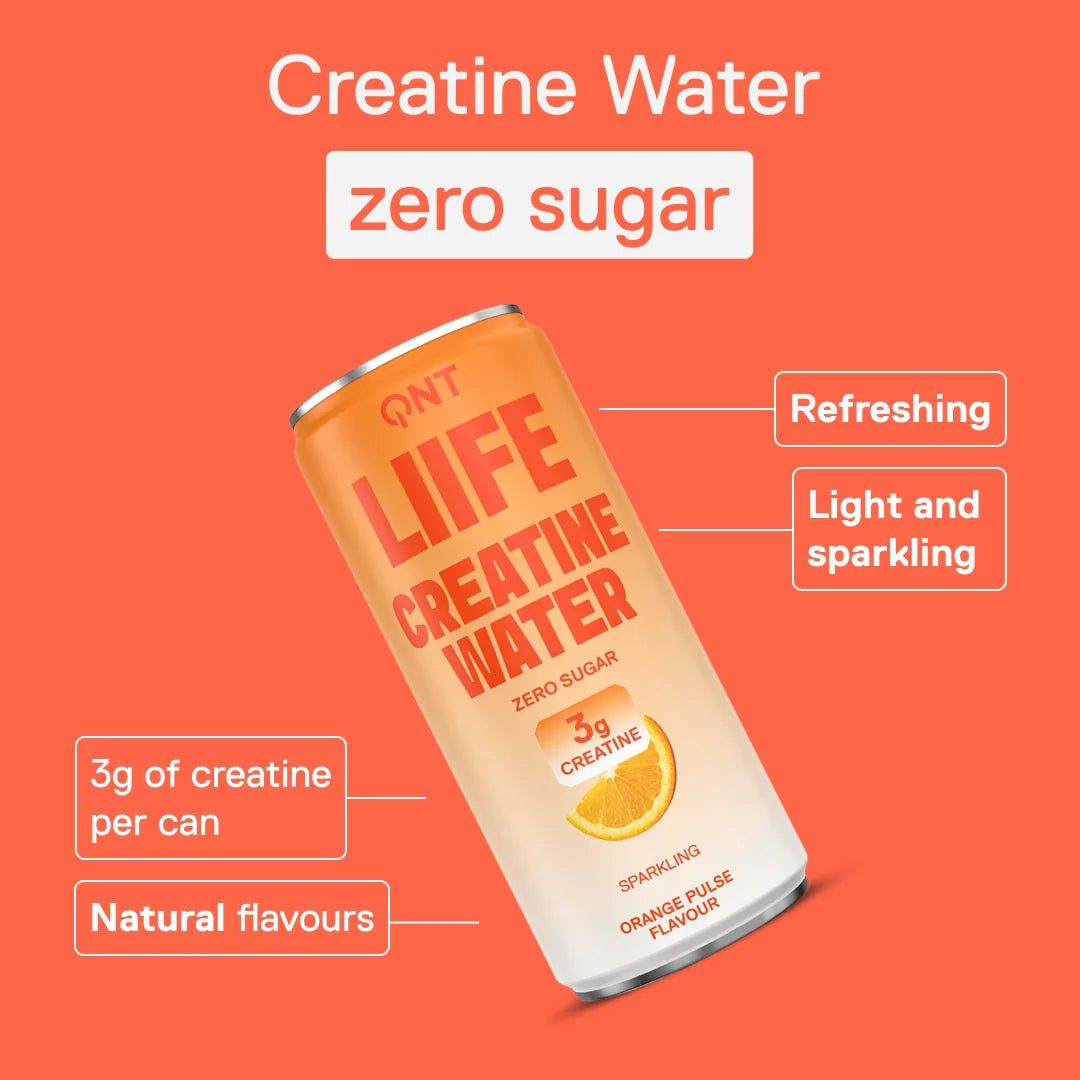 QNT LIIFE Creatine Water Orange Pulse can, sugar-free — 3 g of creatine per can, natural flavourings, light and sparkling