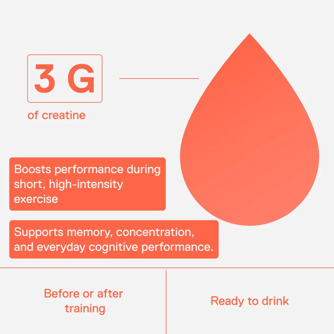 3 g of creatine per can: increases performance during short-term, high-intensity exercise, before or after training, ready to drink