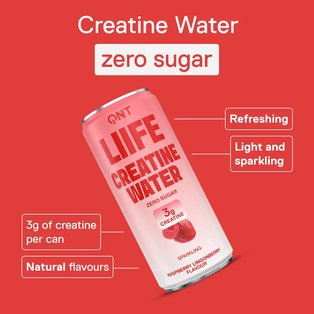 QNT LIIFE Creatine Water Raspberry Lingonberry can, sugar-free — 3 g of creatine per can, natural flavourings, light and sparkling