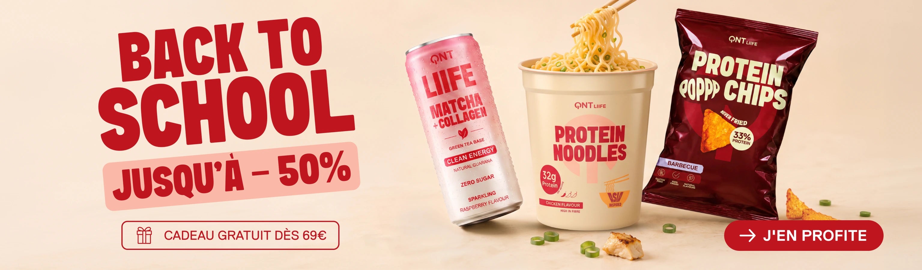 Promotion QNT Life Back to School avec une boisson Matcha + Collagène, des Protein Noodles et des Protein Popp Chips, jusqu’à 50 % de réduction.
