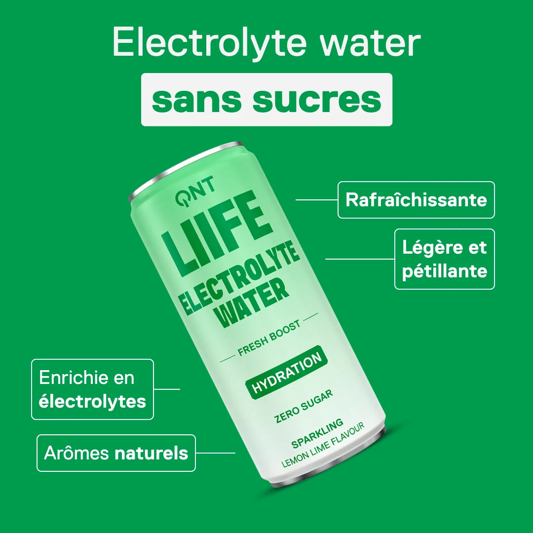 QNT LIIFE Electrolyte Water saveur Citron & Citron vert - eau pétillante enrichie en électrolytes, sans sucres, arômes naturels, canette 330 ml