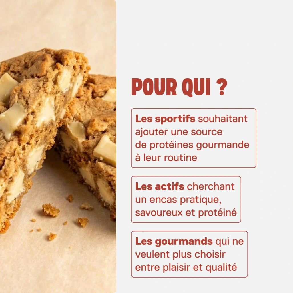 Cookie protéiné QNT LIIFE saveur Chocolat blanc à déguster - Texture moelleuse au chocolat blanc, 60 g par cookie