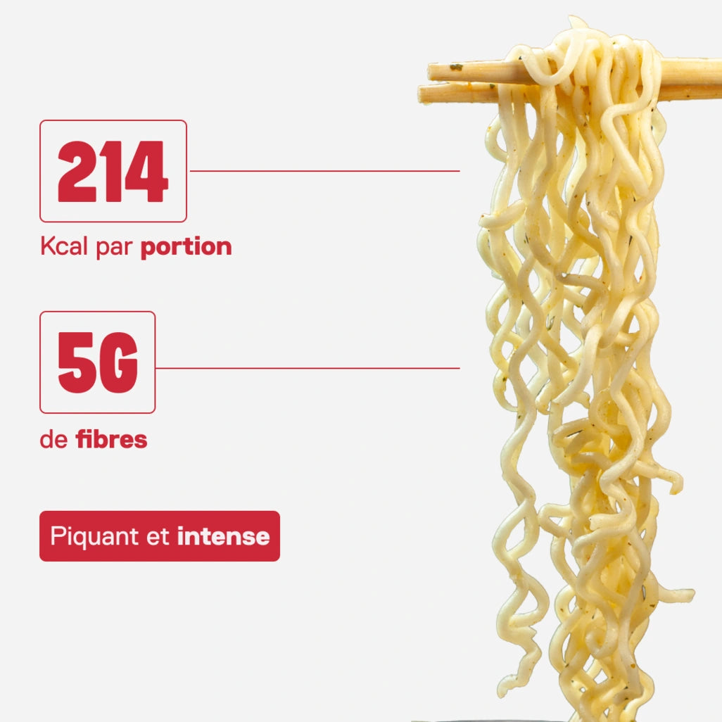 Nouilles protéinées QNT LIIFE saveur Kimchi épicé sur baguettes - Notes coréennes fermentées, épicées et savoureuses