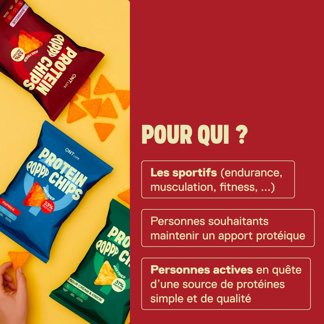 QNT LIIFE Protein Pop Chips saveur Barbecue - Pour qui ? Sportifs, étudiants et amateurs de snacks gourmands cherchant un encas riche en protéines