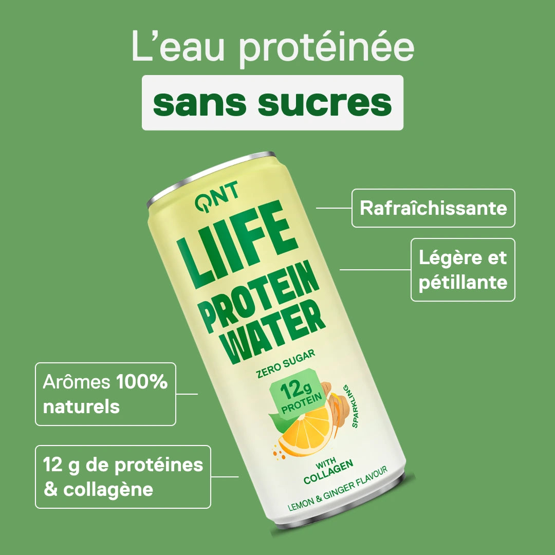 Eau protéinée pétillante sans sucres QNT LIIFE Protein Water saveur Citron & Gingembre, 12 g de protéines et collagène, canette 330 ml