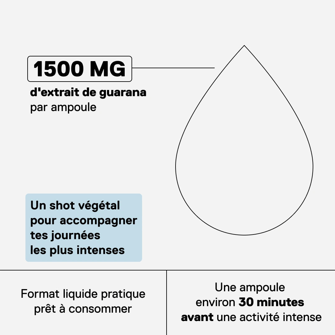 Shot énergétique QNT Guarana Extreme Voltage Orange : 1500 mg d'extrait de guarana par ampoule, shot végétal prêt à consommer, environ 30 min avant l'effort