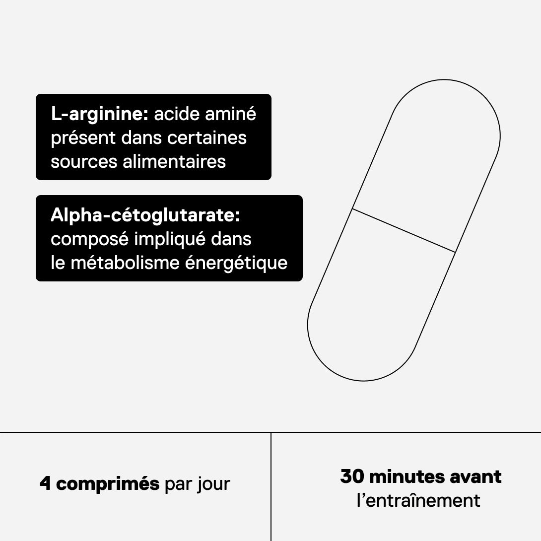 AAKG QNT MOVE avec L-arginine et alpha-cétoglutarate, 4 comprimés par jour 30 minutes avant l’entraînement