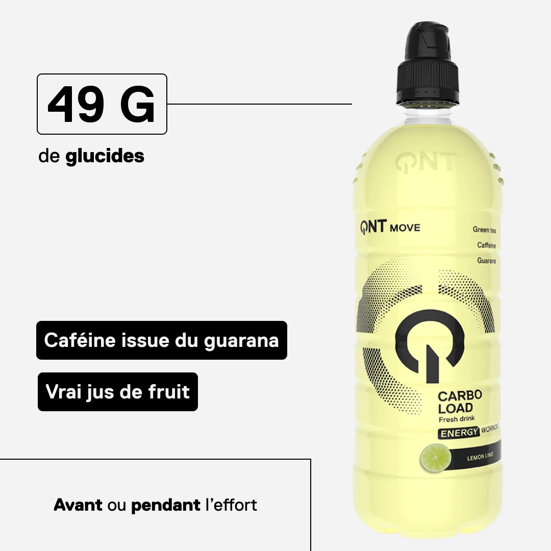 Boisson glucidique QNT MOVE Carbo Load Citron : 49 g de glucides, caféine issue du guarana, vrai jus de fruit, avant ou pendant l'effort