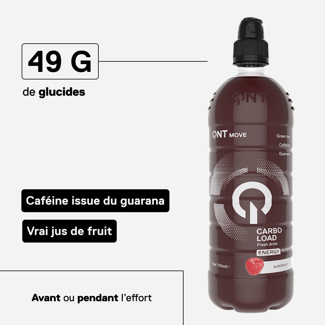 Boisson glucidique QNT MOVE Carbo Load Superfruit : 49 g de glucides, caféine issue du guarana, vrai jus de fruit, avant ou pendant l'effort