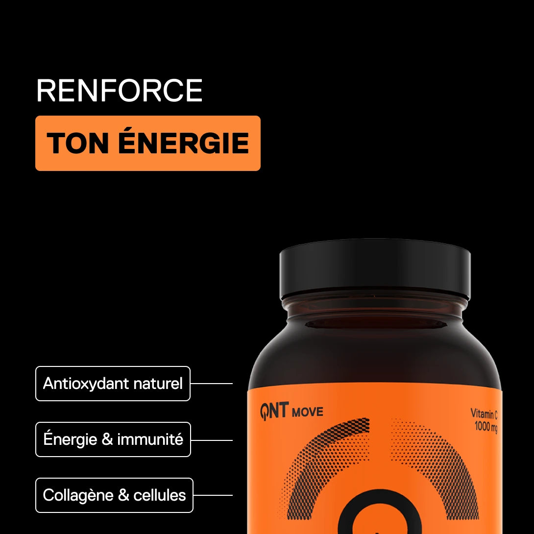 QNT MOVE VIT C 1000 mg, gélules de vitamine C, visuel avec mentions antioxydant naturel, énergie et immunité, collagène et cellules