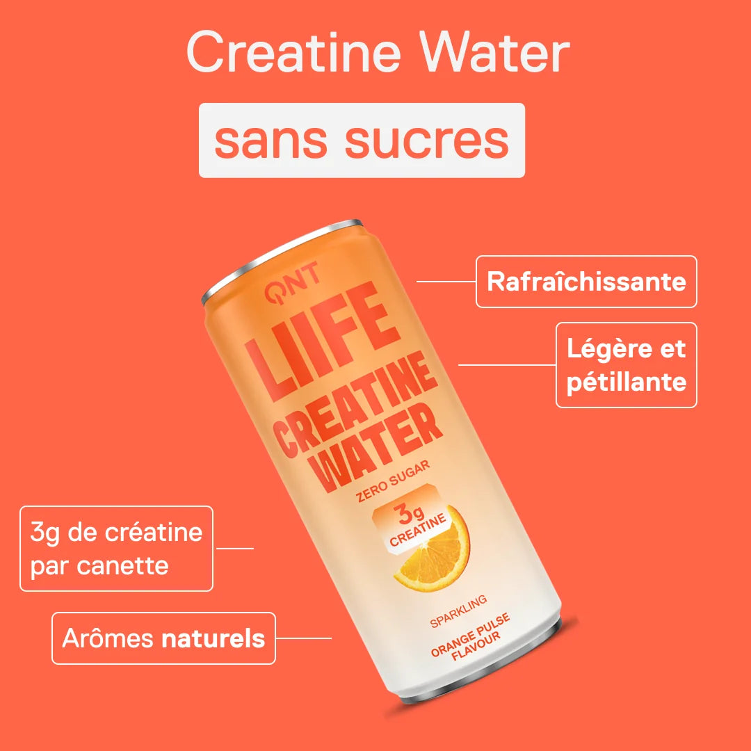 Canette QNT LIIFE Creatine Water Orange intense sans sucres — 3 g de créatine par canette, arômes naturels, légère et pétillante