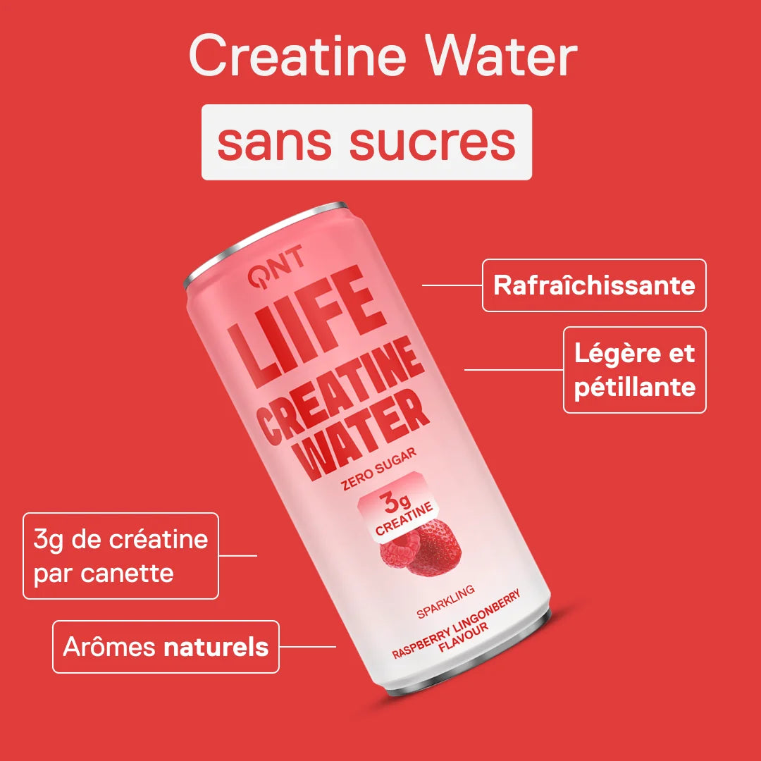 Canette QNT LIIFE Creatine Water Framboise et airelle rouge sans sucres — 3 g de créatine par canette, arômes naturels, légère et pétillante