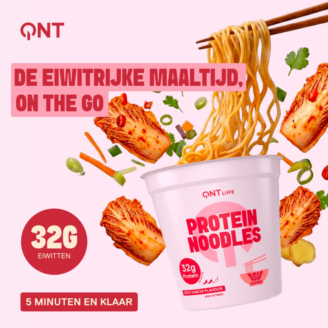 QNT LIIFE Protein Noodles smaak Pittige kimchi - 32g eiwit per pot, Koreaans gefermenteerd en pittig gerecht, klaar in 5 minuten