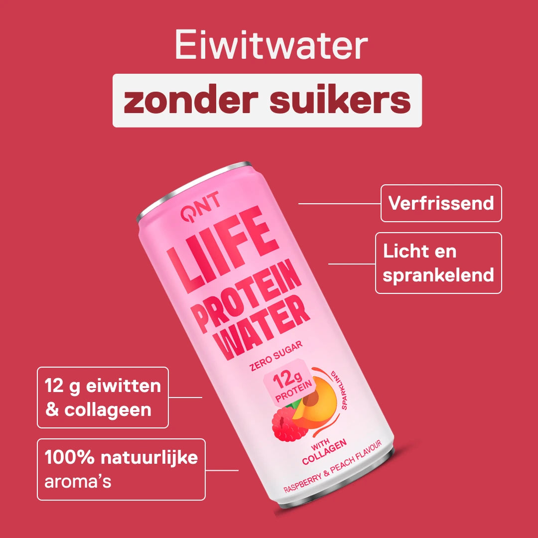 Bruisend eiwitwater zonder suikers QNT LIIFE Protein Water Framboos & Perzik, 12 g eiwit en collageen per blikje 330 ml