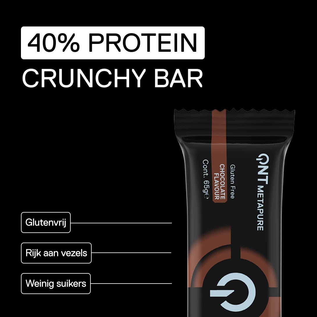 QNT Metapure 40% Protein Crunchy Bar Chocolade – glutenvrij, rijk aan vezels en weinig suikers