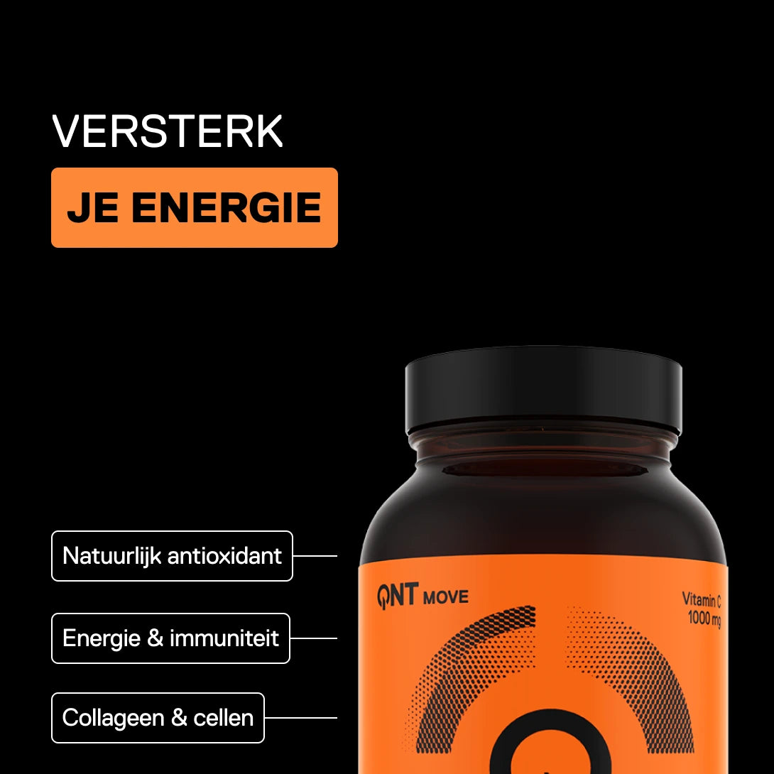 QNT MOVE VIT C 1000 mg vitamine C capsules, visual met vermeldingen natuurlijke antioxidant, energie en immuniteit, collageen en cellen