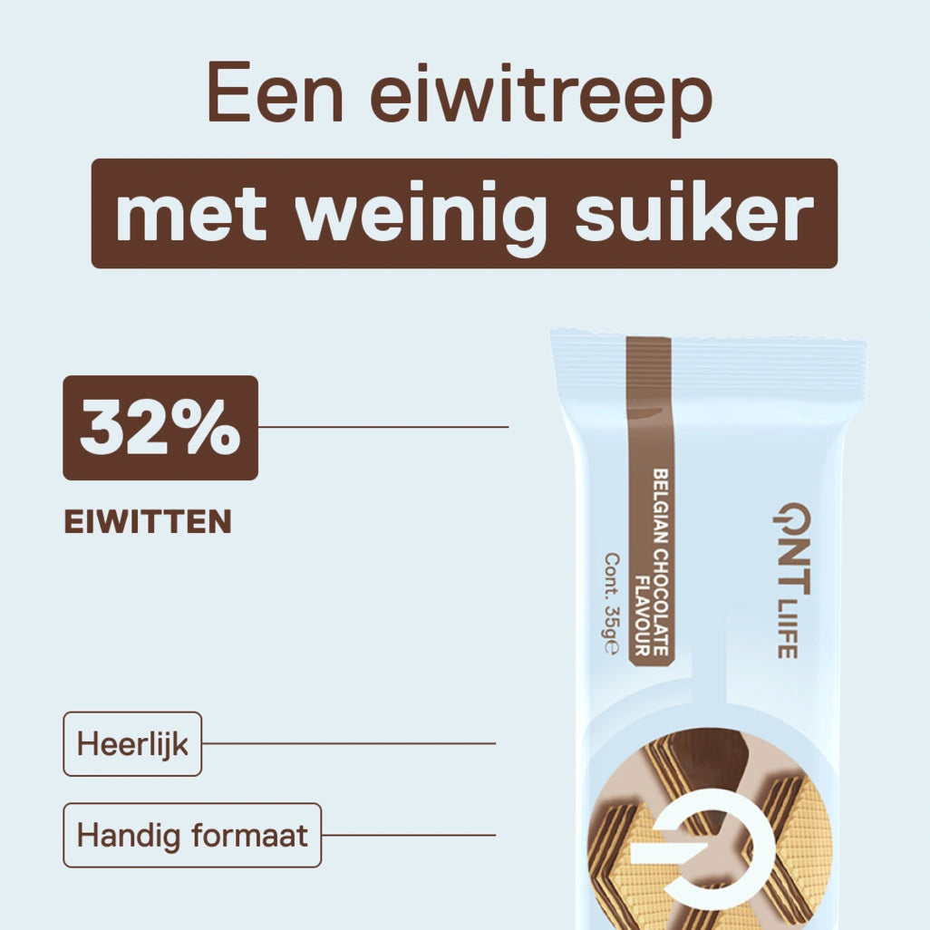 QNT LIIFE Protein Wafer smaak Chocolade - Knapperige eiwitwafel met Belgische chocolade, zakje van 35 g, eiwitrijke snack