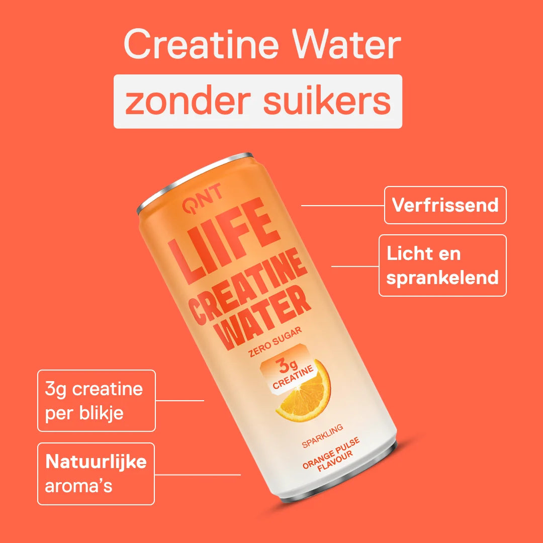 Blikje QNT LIIFE Creatine Water Orange Pulse zonder suikers — 3 g creatine per blikje, natuurlijke aroma's, licht en bruisend