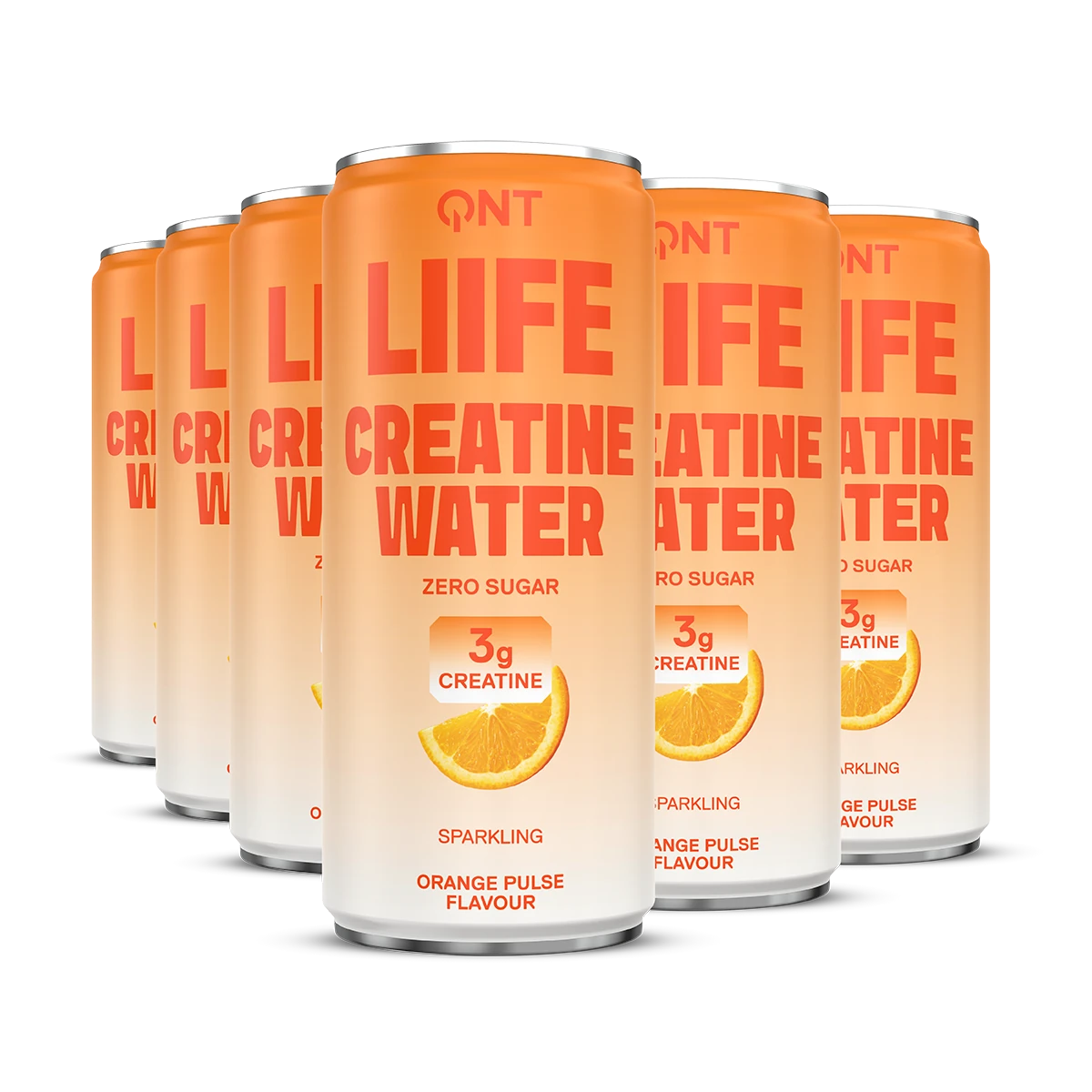 Pack de canettes QNT LIIFE Creatine Water Orange intense, boisson pétillante sans sucres avec 3 g de créatine par canette de 330 ml
