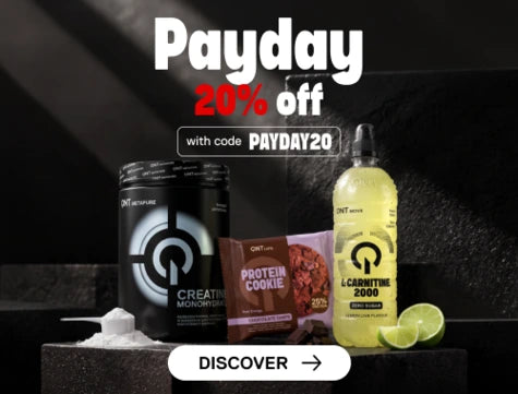QNT Payday promotional banner: 20% off with code PAYDAY20, featuring QNT Metapure Creatine Monohydrate, QNT Liife Protein Cookie and QNT Move L-Carnitine 2000.