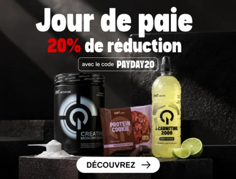 Bannière promotionnelle QNT « Jour de paie » : 20 % de réduction avec le code PAYDAY20, avec la créatine monohydrate QNT Metapure, le protein cookie QNT Liife et le L-Carnitine 2000 QNT Move.