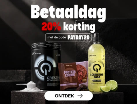 QNT Betaaldag promotiebanner: 20% korting met code PAYDAY20, met QNT Metapure Creatine Monohydrate, QNT Liife Protein Cookie en QNT Move L-Carnitine 2000.