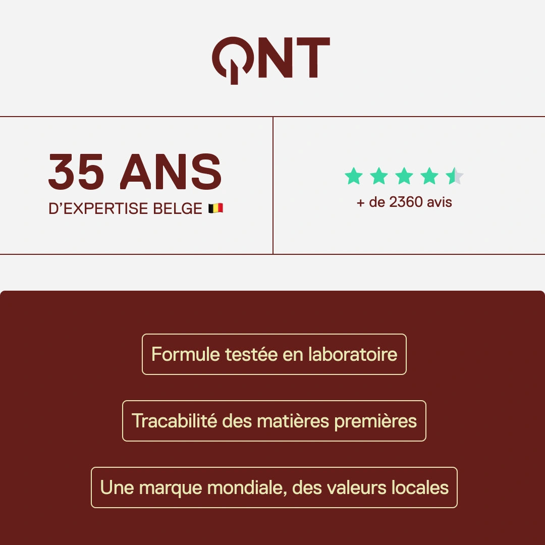 QNT - 35 ans d'expertise belge, plus de 2400 avis clients, formulations scientifiques prouvées et traçabilité des matières premières