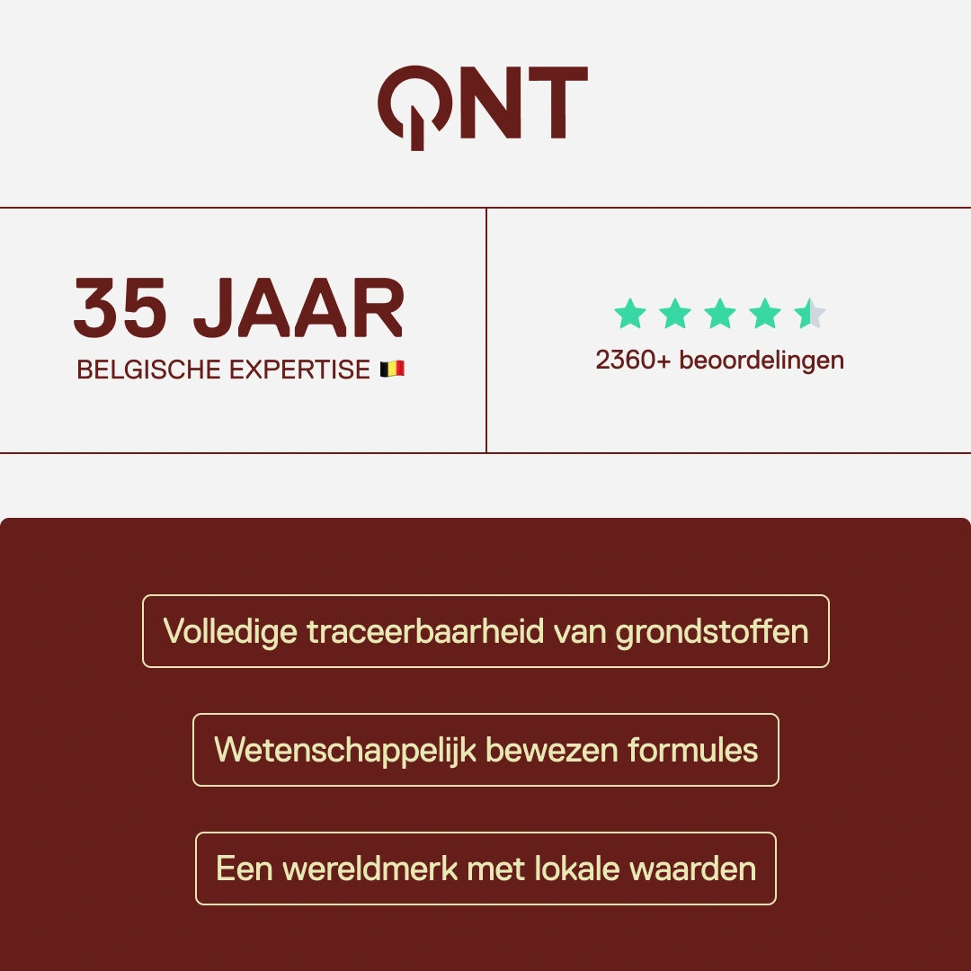 QNT - 35 jaar Belgische expertise, meer dan 2400 klantbeoordelingen, wetenschappelijk onderbouwde formules en traceerbaarheid van grondstoffen