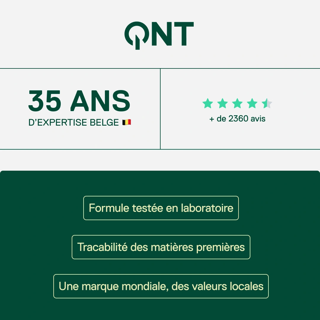 QNT - 35 ans d'expertise belge, plus de 2400 avis clients, formulations scientifiques prouvées et traçabilité des matières premières