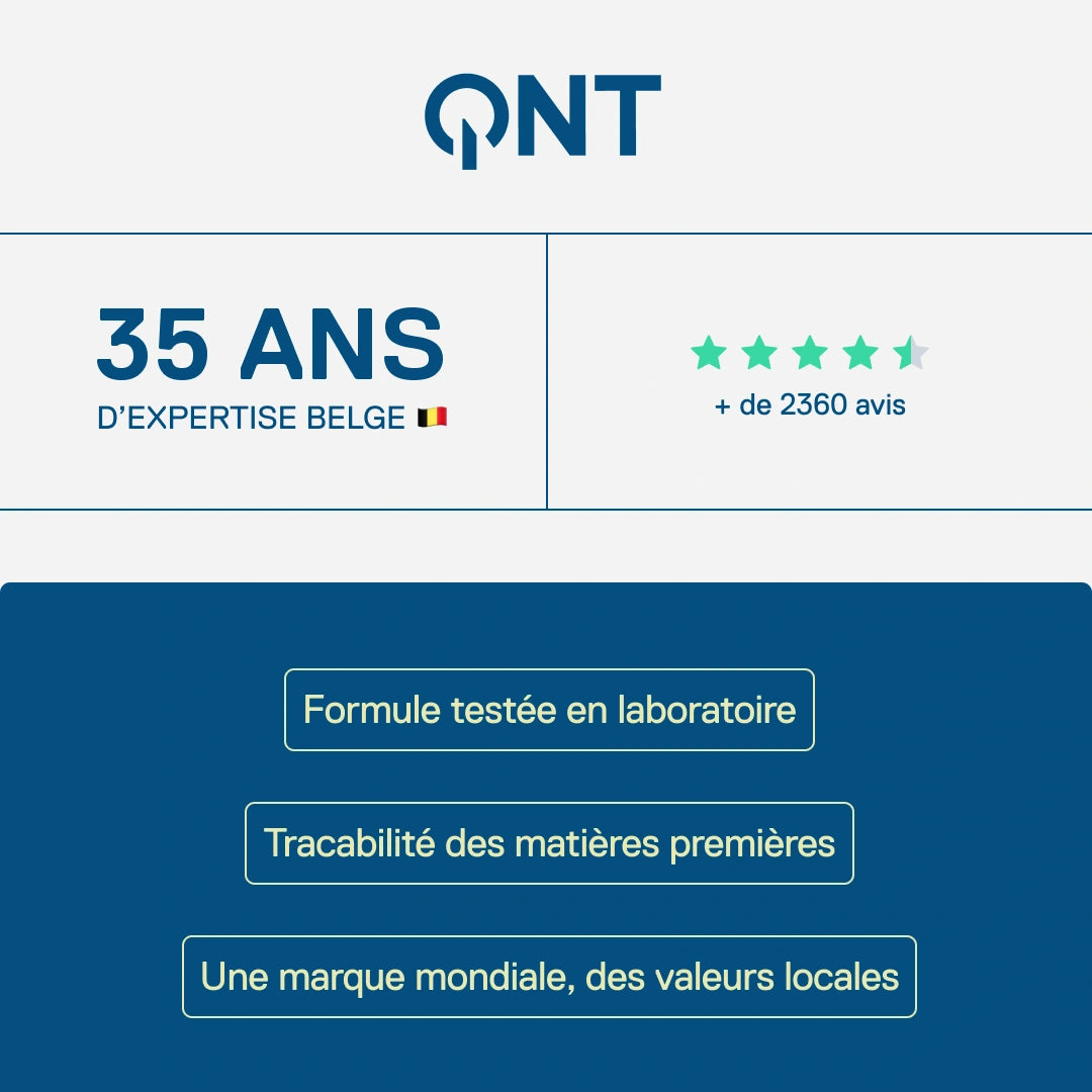 QNT - 35 ans d'expertise belge, plus de 2400 avis clients, formulations scientifiques prouvées et traçabilité des matières premières
