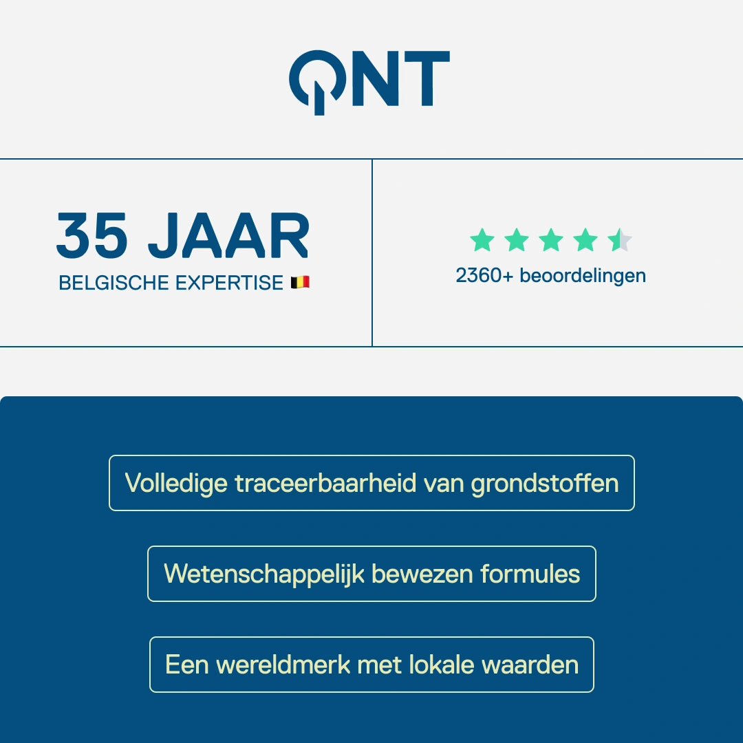 QNT - 35 jaar Belgische expertise, meer dan 2400 klantbeoordelingen, wetenschappelijk onderbouwde formules en traceerbaarheid van grondstoffen