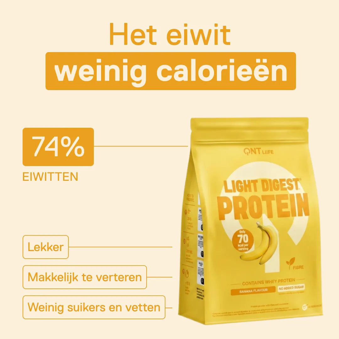 Light Digest Whey Protein QNT smaak Banaan – het eiwit met weinig calorieën: 74% eiwitten, makkelijk te verteren, weinig suikers en vetten