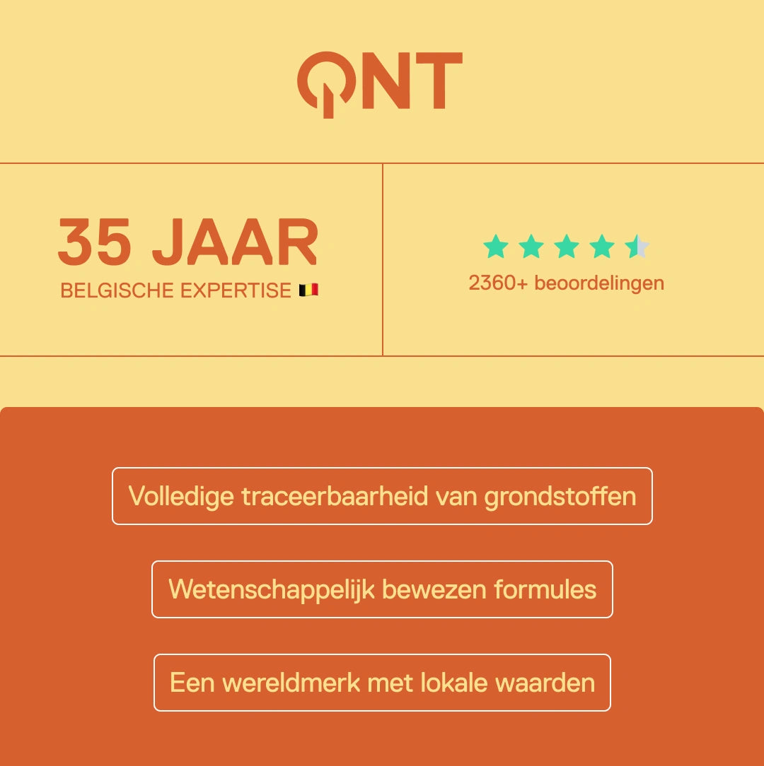 QNT – 35 jaar Belgische expertise, meer dan 2360 klantbeoordelingen, wetenschappelijk bewezen formules en volledige traceerbaarheid van grondstoffen