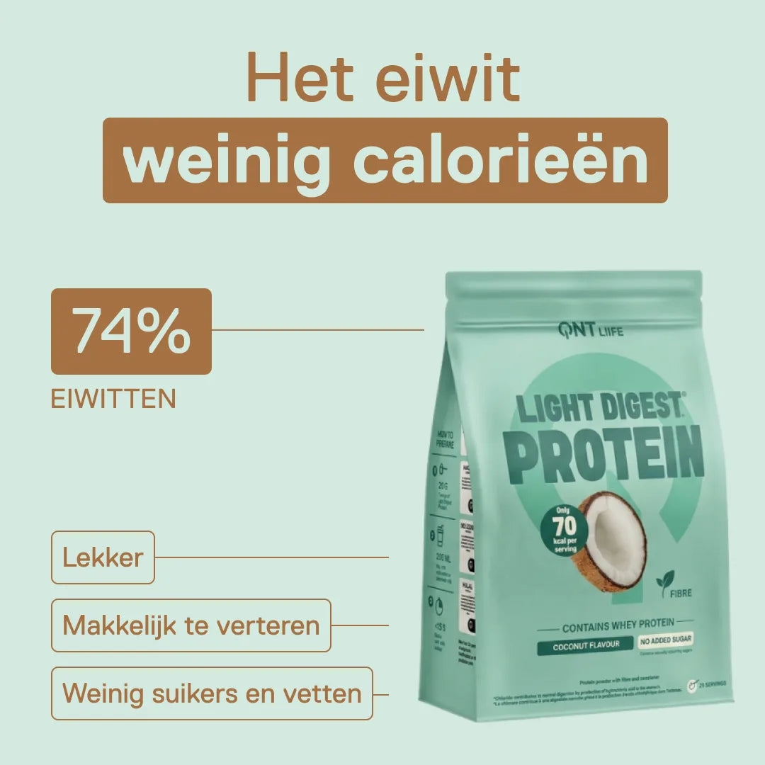 Light Digest Whey Protein QNT smaak Kokos – het eiwit met weinig calorieën: 74% eiwitten, makkelijk te verteren, weinig suikers en vetten