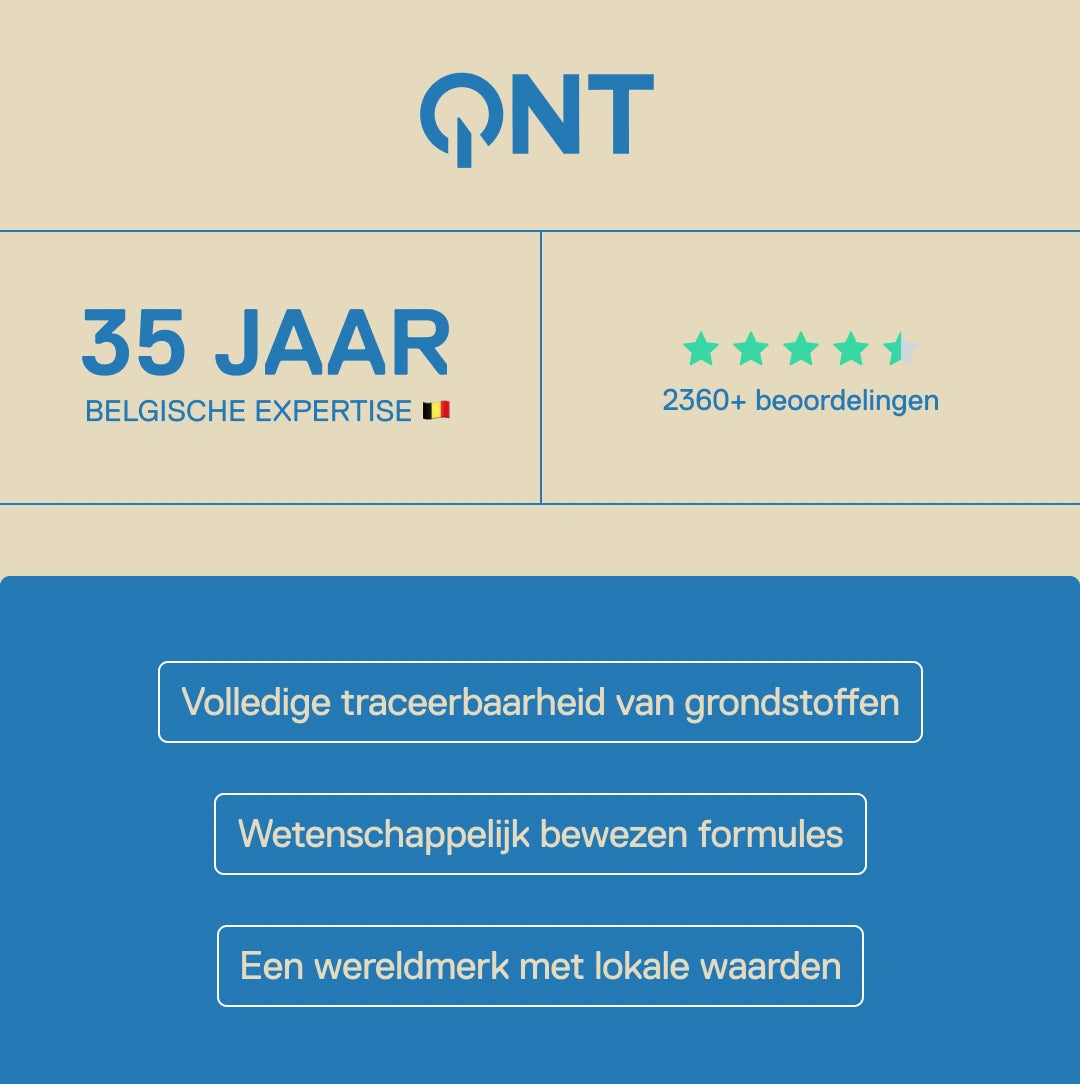 QNT – 35 jaar Belgische expertise, meer dan 2360 klantbeoordelingen, wetenschappelijk bewezen formules en volledige traceerbaarheid van grondstoffen