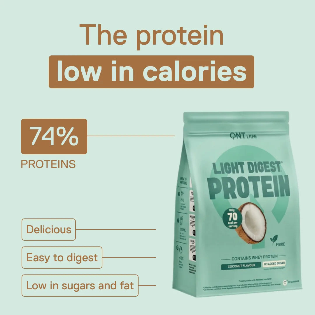 QNT Light Digest Whey Protein Coconut flavour – the low-calorie protein: 74% protein, easy to digest, low in sugars and fat