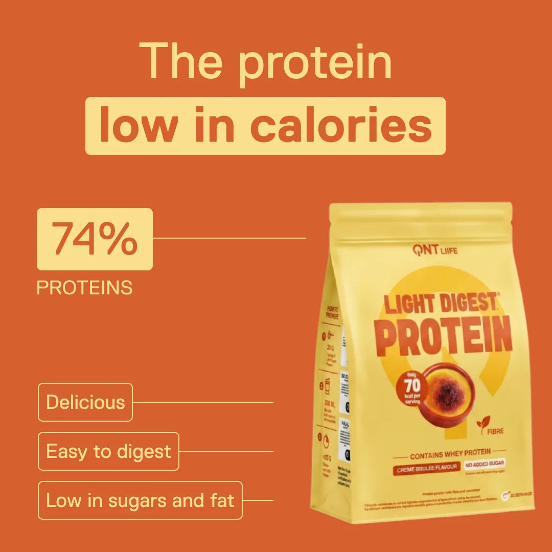 QNT Light Digest Whey Protein Crème Brûlée flavour – the low-calorie protein: 74% protein, easy to digest, low in sugars and fat