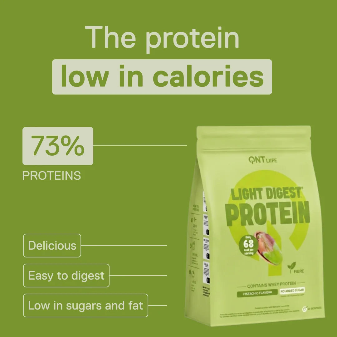 QNT Light Digest Whey Protein Pistachio flavour – the low-calorie protein: 73% protein, easy to digest, low in sugars and fat