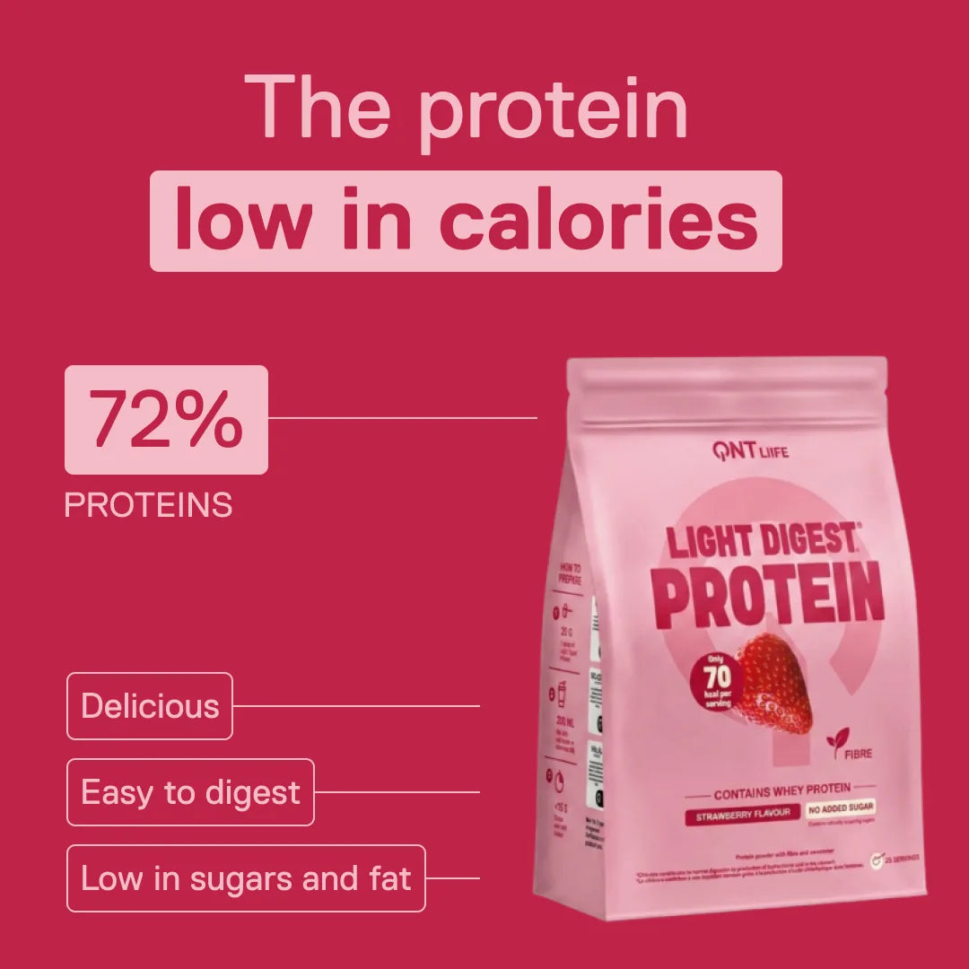 QNT Light Digest Whey Protein Strawberry flavour – the low-calorie protein: 72% protein, easy to digest, low in sugars and fat
