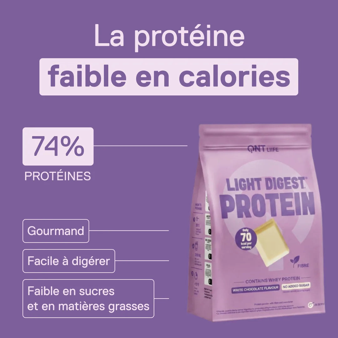 Light Digest Whey Protéine QNT saveur Chocolat blanc – la protéine faible en calories : 74 % de protéines, facile à digérer, faible en sucres et en matières grasses